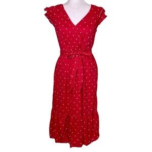Women's Retro Pin Up Red Polka Dot Midi Dress Faux Wrap Tie Waist Size Medium